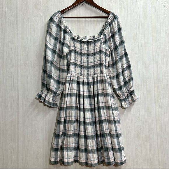 Madewell Lucie Elbow-Sleeve Smocked Mini Dress in Lebaum Plaid Size M - Picture 2 of 16